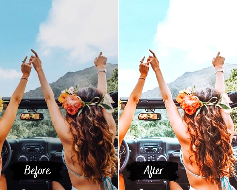 May include: Two people with their arms raised in the air, driving in a convertible with the top down. They are wearing floral headbands and are smiling. The car is driving through a mountainous landscape with a blue sky and white clouds in the background.