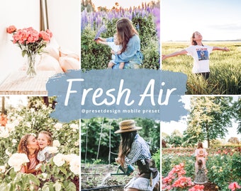 May include: A collage of images featuring a variety of outdoor scenes, including a bouquet of pink flowers, a woman and child in a field of purple flowers, a woman standing in a field with her arms outstretched, a woman and child in a garden, and a woman gardening. The text "Fresh Air" is written in a blue and white brushstroke font with the text "@presetdesign mobile preset" below it.