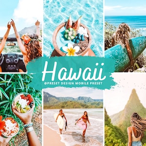 May include: A collage of images showcasing the beauty of Hawaii. The images include a couple driving in a car with the ocean in the background, a bowl of fruit with a flower on top, a woman surfing, a beach with two women walking on the sand, and a mountain with a woman standing on top. The text "Hawaii" is written in a stylized font with the text "@PRESET DESIGN MOBILE PRESET" below it.