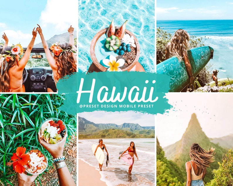 May include: A collage of images showcasing the beauty of Hawaii. The images include a couple driving in a car with the ocean in the background, a bowl of fruit with a flower on top, a woman surfing, a beach with two women walking on the sand, and a mountain with a woman standing on top. The text "Hawaii" is written in a stylized font with the text "@PRESET DESIGN MOBILE PRESET" below it.
