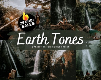 May include: A collage of images featuring waterfalls in lush green forests. The images are edited with a warm, earthy color palette. The text "Earth Tones" and "@PRESET DESIGN MOBILE PRESET" are displayed on the collage. The text "25,000+ SALES" is displayed in a red circle with a flame icon.