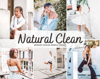 May include: A collage of photos featuring people wearing different outfits in various settings. The photos have a natural, clean aesthetic. The text "Natural Clean" is superimposed on the image. The text "@PRESET DESIGN MOBILE PRESET" is also included.