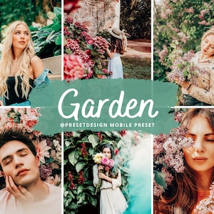 Puede incluir: Un collage de im&aacute;genes con personas en un entorno de jard&iacute;n con vegetaci&oacute;n exuberante y flores rosas. El texto "Garden @presetdesign mobile preset" se muestra sobre un fondo verde.