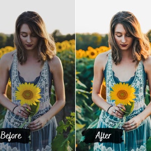 Puede incluir: Una mujer con un vestido de encaje azul y blanco sostiene un girasol amarillo en un campo de girasoles.