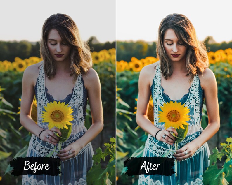 Puede incluir: Una mujer con un vestido de encaje azul y blanco sostiene un girasol amarillo en un campo de girasoles.