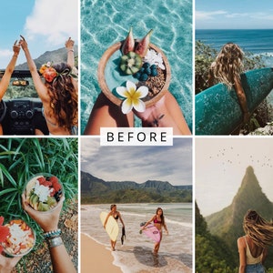 May include: A collage of images featuring various scenes from a tropical vacation. The top left image shows two people in a car with a blue sky and green trees in the background. The top middle image shows a bowl of fruit and flowers in a turquoise blue water. The top right image shows a person holding a surfboard on a rocky beach. The bottom left image shows two bowls of fruit with flowers. The bottom middle image shows two people surfing in the ocean with mountains in the background. The bottom right image shows a person standing on a mountaintop with a view of a valley.