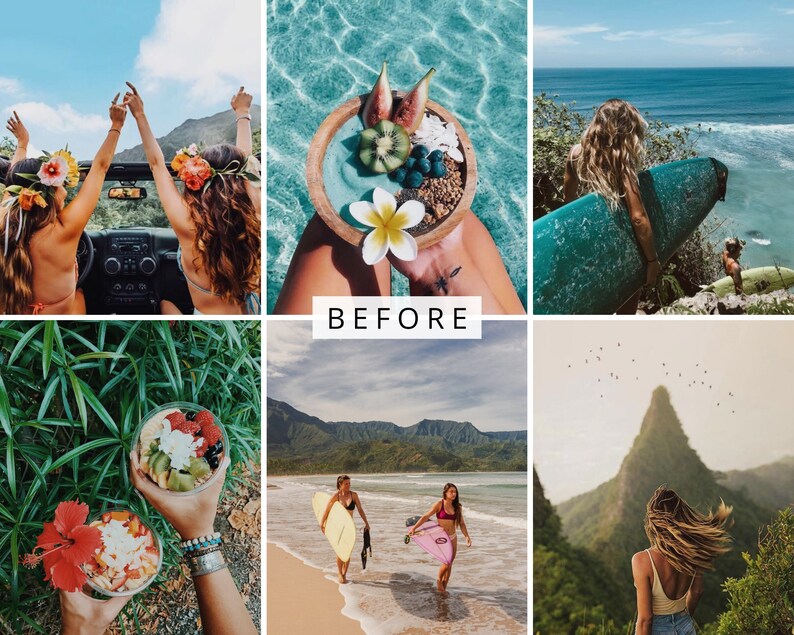 May include: A collage of images featuring various scenes from a tropical vacation. The top left image shows two people in a car with a blue sky and green trees in the background. The top middle image shows a bowl of fruit and flowers in a turquoise blue water. The top right image shows a person holding a surfboard on a rocky beach. The bottom left image shows two bowls of fruit with flowers. The bottom middle image shows two people surfing in the ocean with mountains in the background. The bottom right image shows a person standing on a mountaintop with a view of a valley.