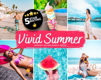 May include: A collage of summer-themed images, including a person riding a bicycle on a paved path, a person holding a colorful ice cream cone, a person walking on a beach, a person laying on a pool float, a watermelon slice, and a person sitting on a beach towel with a picnic basket. The text "Vivid Summer" is written in a pink, handwritten font.