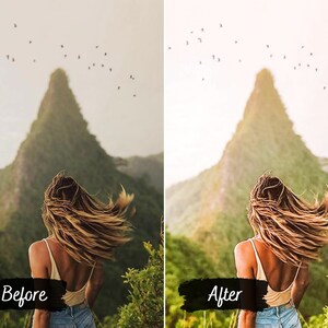 May include: A woman with long, flowing blonde hair stands in front of a mountain with a lush green forest. The sky is a light blue with a few white clouds.
