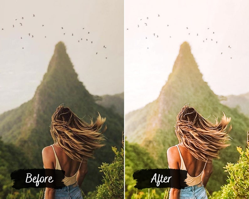 May include: A woman with long, flowing blonde hair stands in front of a mountain with a lush green forest. The sky is a light blue with a few white clouds.