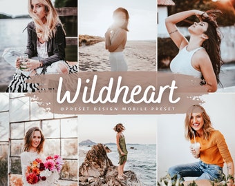 May include: A collage of photos featuring women in various settings, with a text overlay that reads "Wildheart @presetdesign mobile preset". The photos feature a woman sitting on a bench, a woman standing on a beach, a woman standing in a field, and a woman sitting on a rock.
