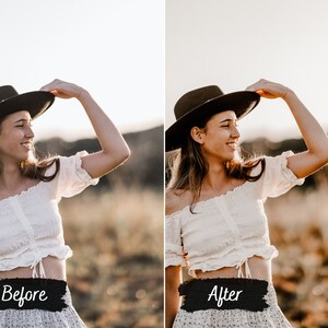 May include: A woman wearing a white off-the-shoulder top, a black hat, and a floral skirt smiles while looking to the right. The image is split into two sections, with the left side showing the original image and the right side showing the edited image. The text "Before" is written on the left side and "After" is written on the right side.