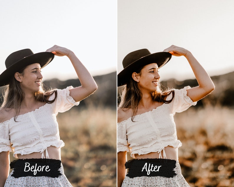 May include: A woman wearing a white off-the-shoulder top, a black hat, and a floral skirt smiles while looking to the right. The image is split into two sections, with the left side showing the original image and the right side showing the edited image. The text "Before" is written on the left side and "After" is written on the right side.