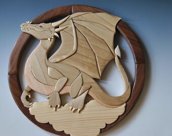 Dragon Intarsia Wallhanging/ Wood Dragon Sculpture/Fantasy Dragon Mosaic Wallhanging