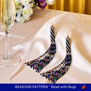 Peyote Stitch, Kite Earring Beading Pattern by Bead with Bugs, Festive, colourful dangle earrings on black, PDF