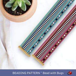 May include: Two beaded bracelets with gold clasps. One is teal, blue, and white, the other is burgundy, black, and white. The bracelets have a geometric pattern. The text at the bottom reads "BEADING PATTERN ~ Bead with Bugs."