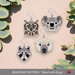 May include: Four beaded animal earrings, including an owl, koala, polar bear, and raccoon. The earrings are silver and feature a variety of colours, including white, grey, black, brown, and beige. The earrings are displayed on a light grey background.
