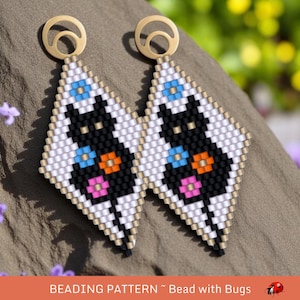Wzór na kolczyki z koralików Brick Stitch firmy Bead with Bugs, Flowers and Cats, Kolczyki z kotami z drobnymi kwiatami, PDF