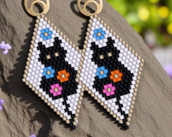 Brick Stich Perlen Ohrringe Muster by Bead mit Käfer, Blumen und Katzen, Katzenohrringe mit kleinen Blümchen, PDF