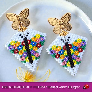 Peyote Stitch, Kite Earring Beading Pattern by Bead with Bugs, Flower Butterfly