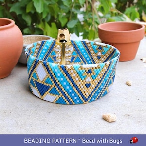 Peyote Stitch Beaded Bracelet Pattern by Bead with Bugs, The Blues, A bold geometric design is an array of thirst quenching blues, PDF