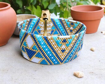 Peyote Stitch Bracelet Pattern, The Blues, Geometric Beaded Design (PDF)