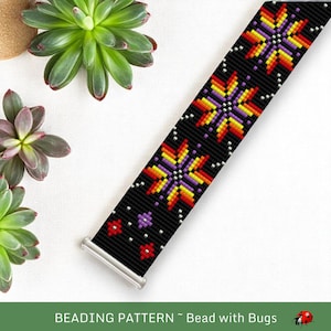 May include: A black beaded strap featuring a vibrant starburst design in shades of red, yellow, orange, and purple. The strap has silver metal fixings. The text "BEADING PATTERN ~ Bead with Bugs" is at the bottom of the image.