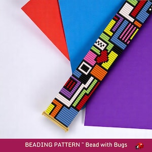 May include: A vibrant beaded bracelet featuring a geometric design in blue, orange, pink, green, and white. The bracelet has a gold clasp and is displayed against red, blue, and purple paper. The text "BEADING PATTERN ~ Bead with Bugs" is visible at the bottom.