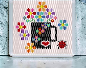 Peyote Stitch Beaded Coaster Pattern by Bead with Bugs, GARDEN COFFEE CUP