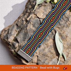 May include: A beaded bracelet with a geometric pattern in blue, purple, green, orange, and yellow. The bracelet has a silver clasp and is displayed on a textured rock. The text "BEADING PATTERN ~ Bead with Bugs" is at the bottom.