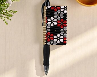 Peyote Stitch Beaded Pen Wrap by Bead with Bugs, ABSENT FLOWERS, Beaded Pen Wrap for Pilot G2 Pen