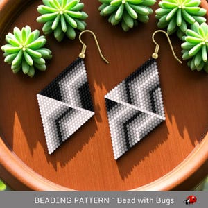 May include: A pair of black and white diamond-shaped earrings with gold hooks. The earrings are made with seed beads and have a geometric pattern.