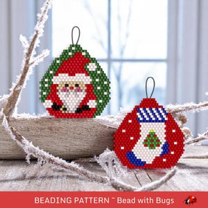 Beaded Brick Stitch Ornament Pattern by Bead with Bugs, Santa and Stocking, Tree Ornaments or Purse Charms, PDF