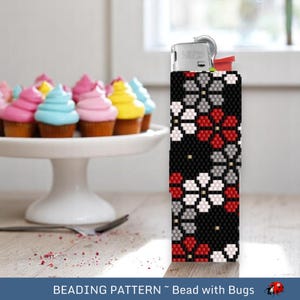 Peyote Stitch Beaded Lighter Cover, ABSENT FLOWERS in red by Bead with Bugs