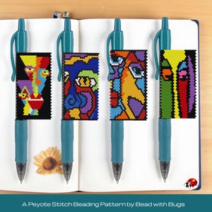 May include: Four teal pens with unique, colorful beaded patterns. Each pattern features abstract designs in various colors, including red, yellow, blue, and green. The text at the bottom reads: "A Peyote Stitch Beading Pattern by Bead with Bugs."