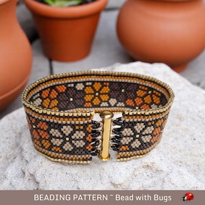 Peyote Stitch Beaded Bracelet Pattern by Bead with Bugs, Autumnal Vibrations, all the colours of late fall leaves in a floral pattern, PDF
