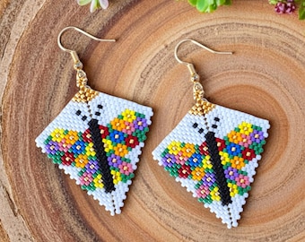 Peyote Stitch, Kite Earring Beading Pattern by Bead with Bugs, Flower Butterfly