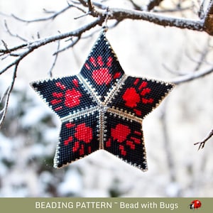 May include: A black and red beaded star ornament with a handprint design. The star is hanging from a branch covered in snow.