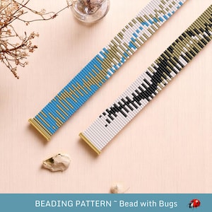 May include: Two beaded patterns with gold clasps. One is blue, white, and gold, the other is white and black. The text at the bottom reads "BEADING PATTERN ~ Bead with Bugs".