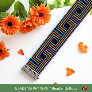 May include: A beaded bracelet featuring a geometric design in black, orange, blue, green, and purple. The bracelet has a silver clasp. The image also includes orange gerbera daisies and the text "BEADING PATTERN ~ Bead with Bugs."