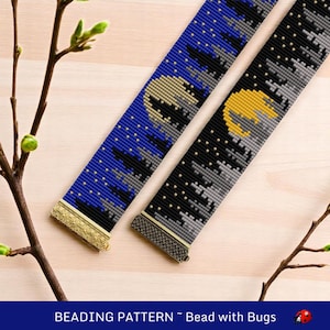 May include: Two beaded bracelets with a landscape design. One is blue with a yellow moon, the other black with a yellow moon. The bracelets have gold-coloured clasps and the text "BEADING PATTERN ~ Bead with Bugs".