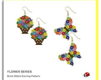 FLOWER POT & BUTTERFY:  Brick Stitch Beaded Earrings Pattern by Bead with Bugs