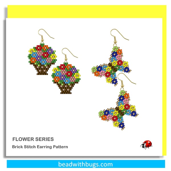 FLOWER POT & BUTTERFY:  Brick Stitch Beaded Earrings Pattern by Bead with Bugs