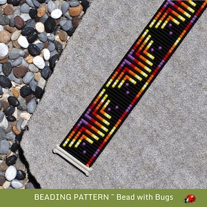 May include: A black beaded strap with a geometric pattern in red, orange, yellow, and purple. The strap has a silver clasp and is set against a grey background. The text "BEADING PATTERN ~ Bead with Bugs" is at the bottom.