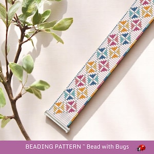 May include: A colourful beaded bracelet featuring a floral design in pink, blue, yellow, and white. The bracelet has a silver clasp and is displayed on a white surface. The text "BEADING PATTERN ~ Bead with Bugs" is at the bottom.