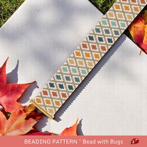 Peyote Stitch Beaded Bracelet Pattern by Bead with Bugs, Boreal Forest, geometric design in fall colours, PDF