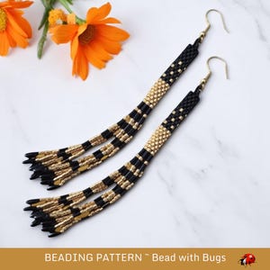 Pode incluir: Um par de brincos longos, pretos e dourados com um design de franja. Os brincos estão pendurados em ganchos prateados.