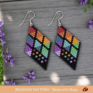 May include: A pair of beaded earrings with a geometric design. The earrings are diamond-shaped with a black base and feature colorful squares in shades of red, orange, yellow, green, blue, and purple. The earrings have silver hooks. The text "BEADING PATTERN ~ Bead with Bugs" is at the bottom.