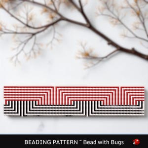 May include: A geometric beadwork pattern in red, black, and white. The design features a series of interlocking squares and rectangles. The text "BEADING PATTERN ~ Bead with Bugs" is at the bottom of the image.