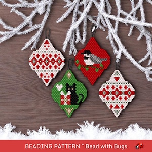 Beaded Brick Stitch Ornament Pattern by Bead with Bugs, Classic Christmas Ornaments, Bird, Cat, Red and White, PDF